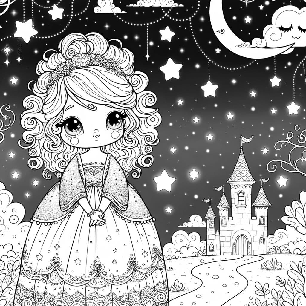 Girl with very curly hair in a sparkly dress with a night sky