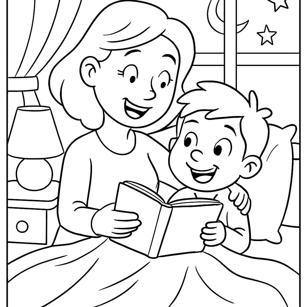 Maman lit une histoire au garçon pour l'endormir en le câlinant.