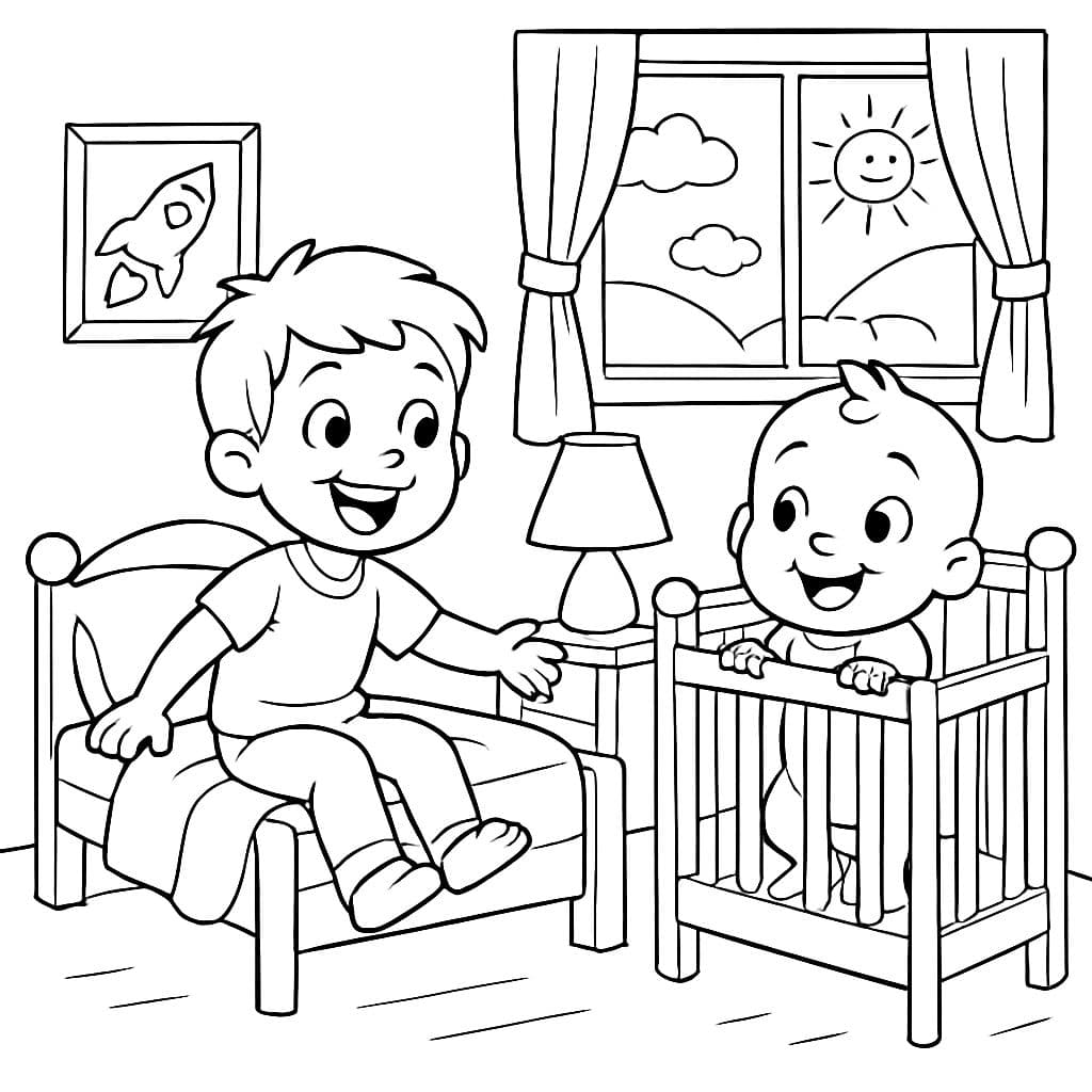 niños en la habitación, uno en cama de niño pequeño, otro en cuna.
