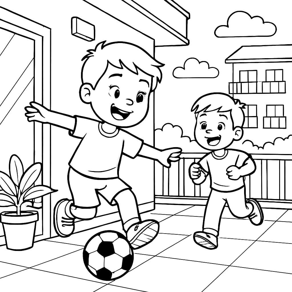 2 chicos jugando en el patio de un edificio de apartamentos