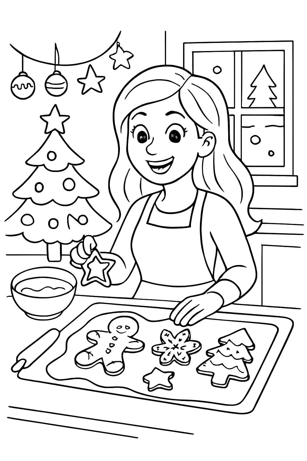 Madre de 32 años con cabello largo horneando galletas navideñas.