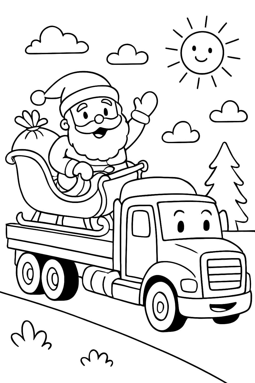 Der Schlitten des Weihnachtsmanns auf der Rückseite eines Sattelschleppers.