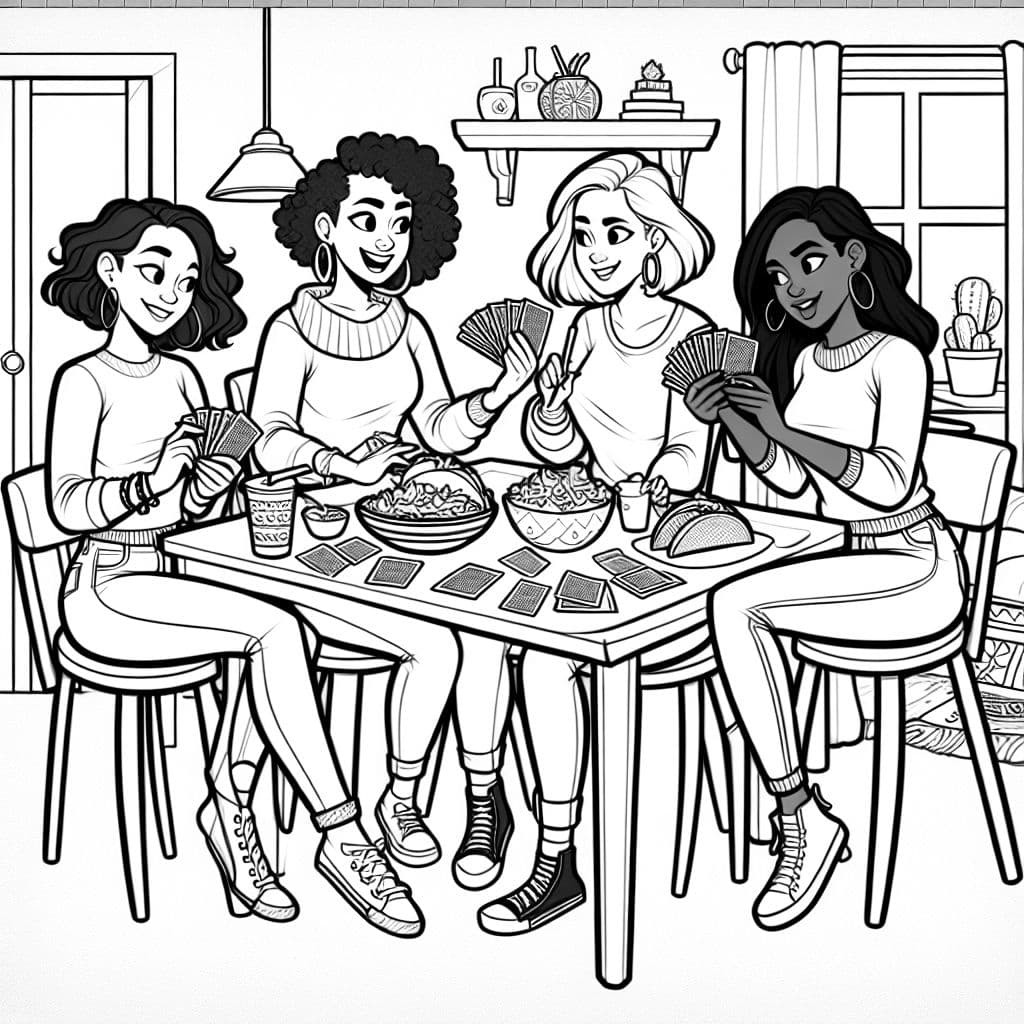 4 amigas, dos con pelo corto y 2 con pelo largo, en jeans y sudaderas rodeadas de tacos, cartas y cartas de juego