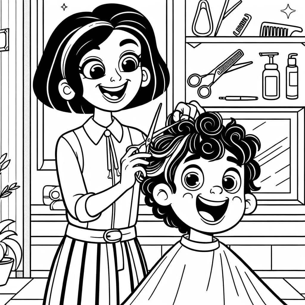 A beautiful brown eyed hairdresser cutting a happy little boy’s curly hair