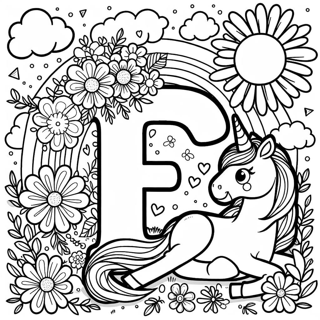 The Letter E surrounded by flowers and a unicorn