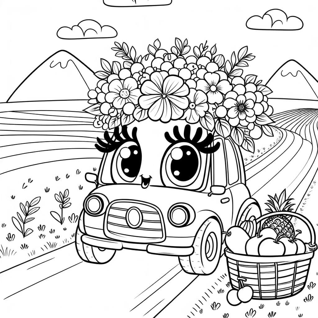 A car going shopping for fruit wearing flower crown with eyelashes
