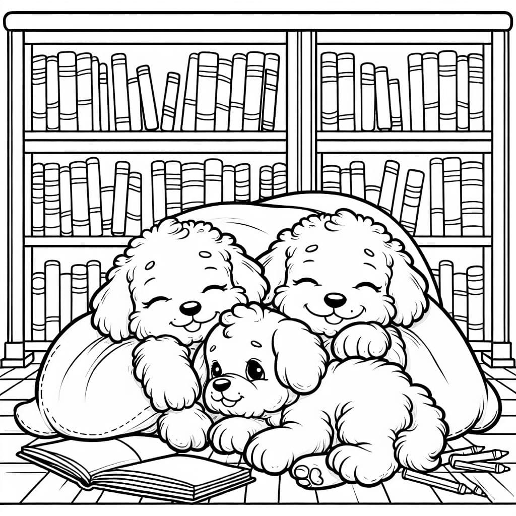 Cavoodle puppies cuddling up to go to sleep in a library