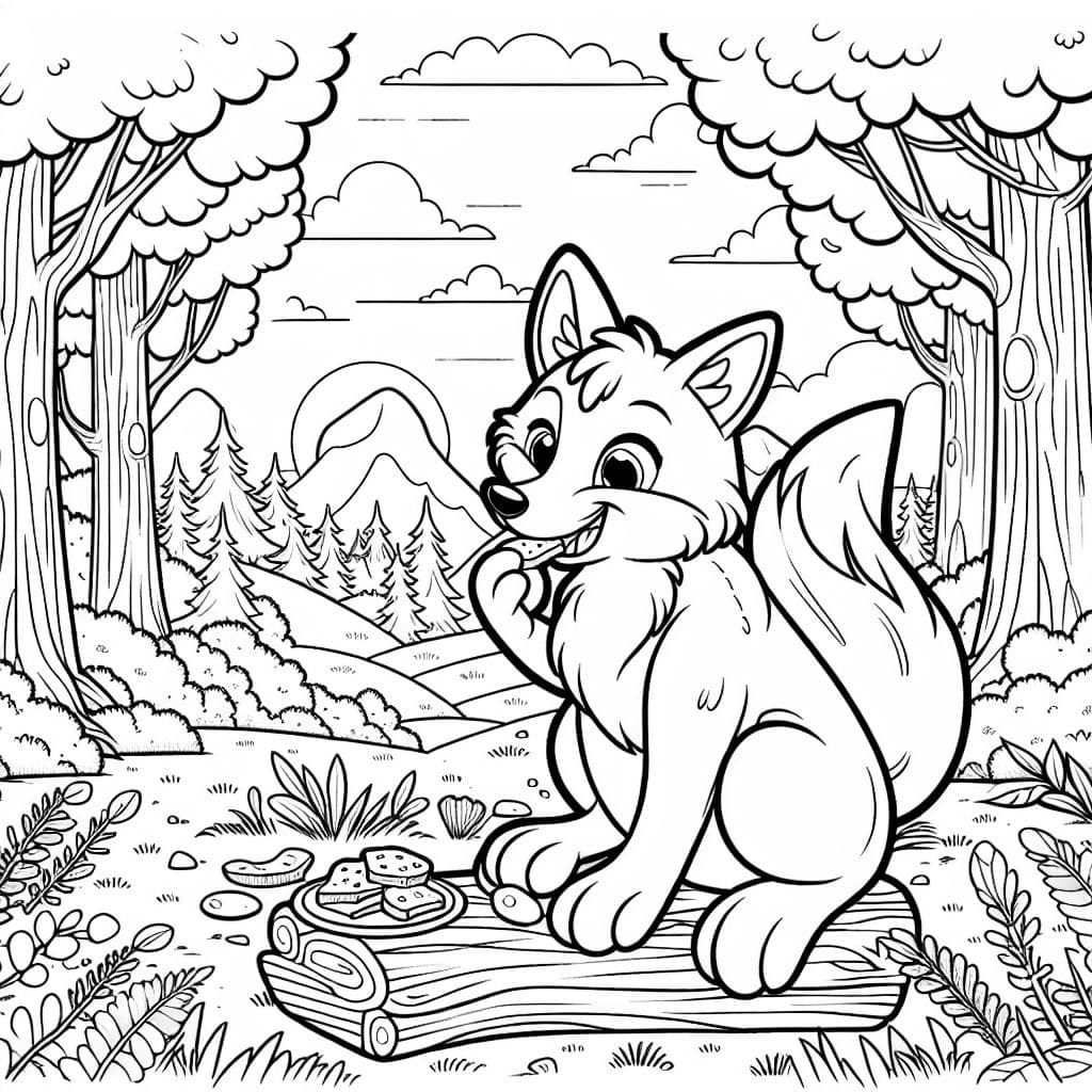 ein Fuchs, der auf einer Lichtung im Wald sitzt und ein Brot isst