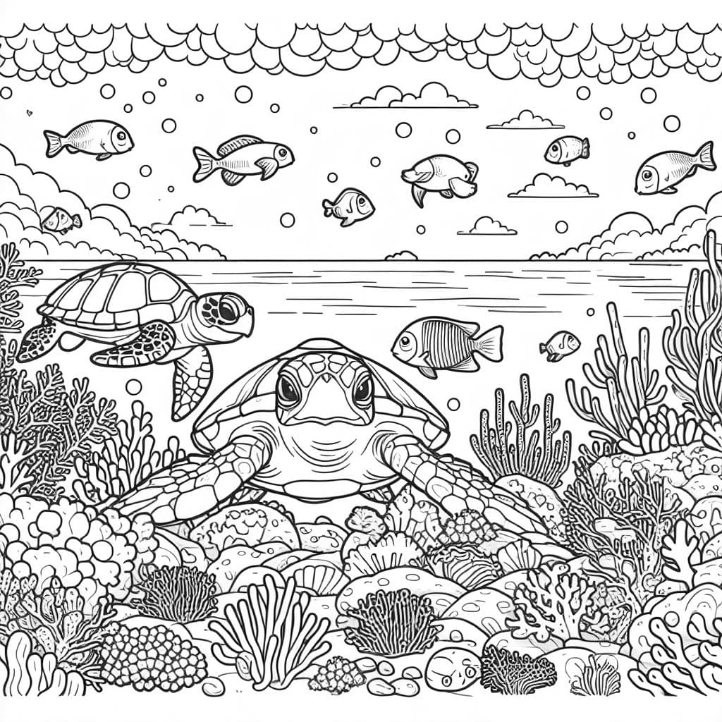 A coral reef with turtles, fishes and stingray