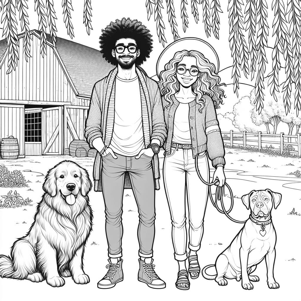 Un homme avec des cheveux bouclés bruns et duveteux, portant des lunettes carrées et une casquette, sans poils au visage. Une femme avec de longs cheveux roux-bruns, portant un pull et un jean, avec des sandales aux pieds, accompagnée d'un grand golden retriever duveteux et d'un cane corso aux cheveux soyeux, se tenant dehors sous un saule pleureur devant une grange.