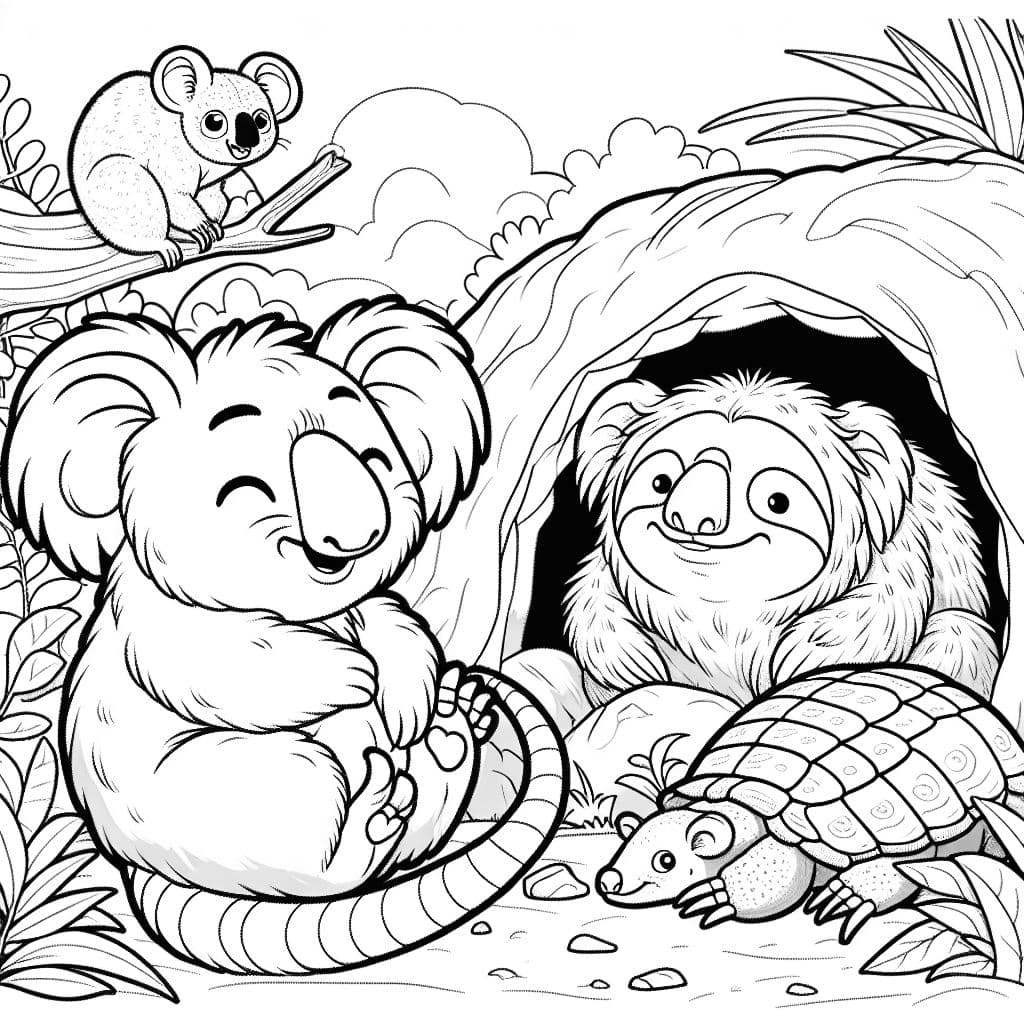 Un muscardin, un koala, un paresseux et un tatou dorment dans une grotte.