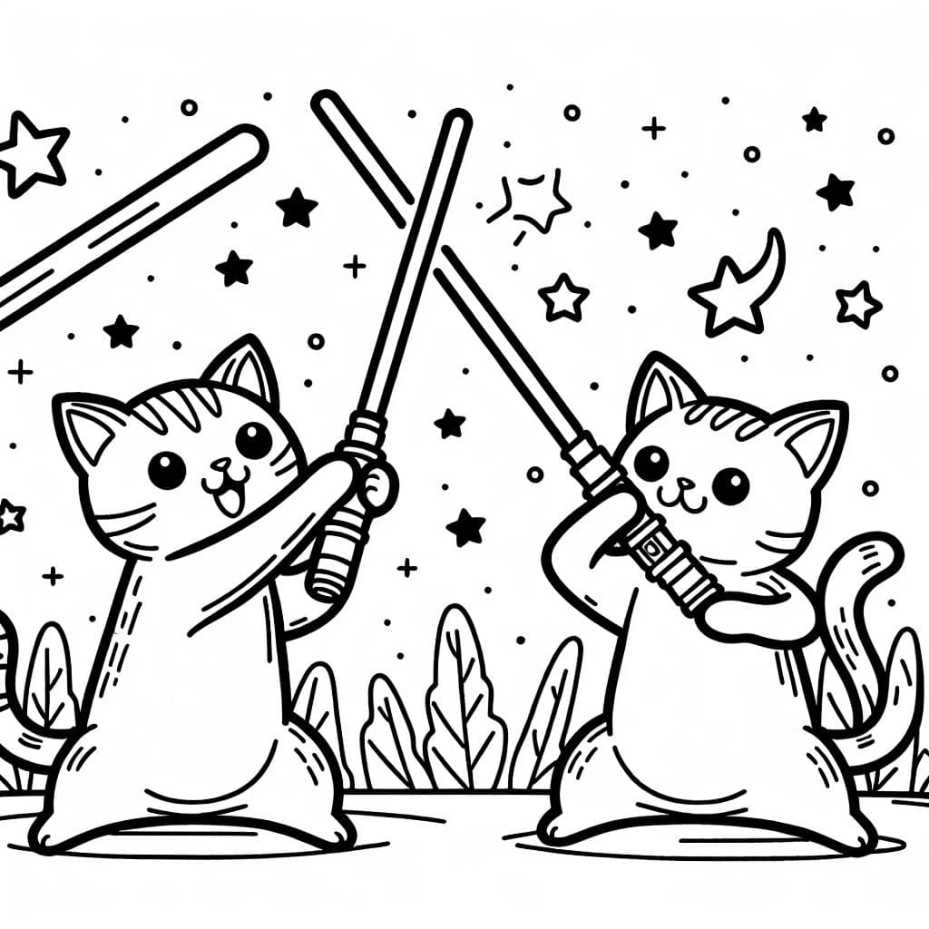 Gatos con sables de luz para una divertida página para colorear!