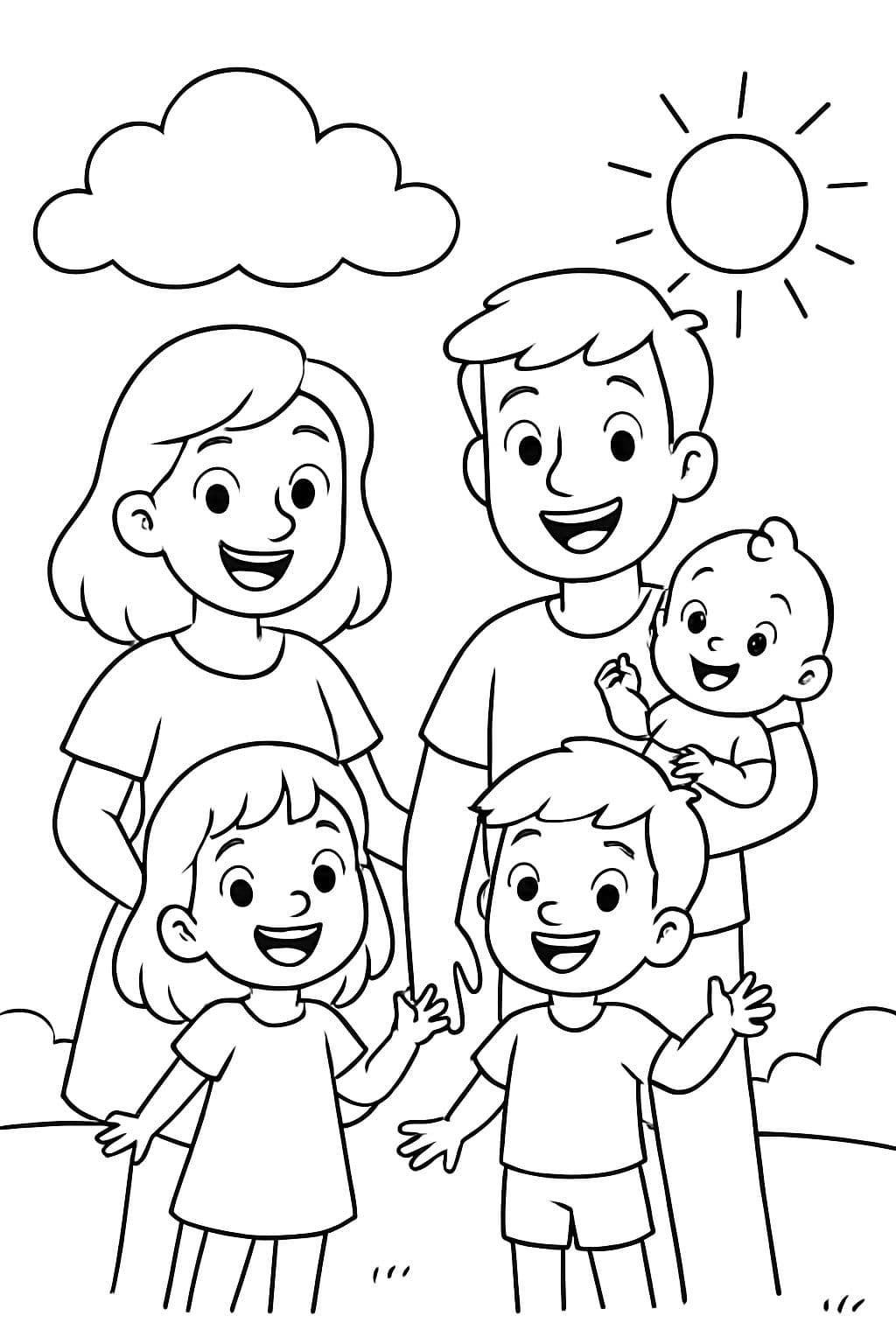 Mamá, Papá, niño de 5 años, niño de 3 años y bebé