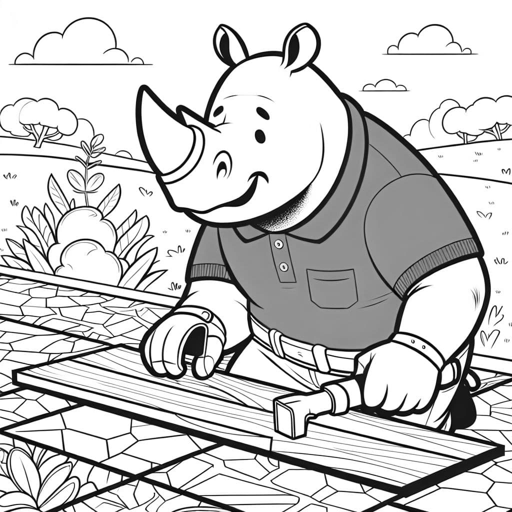 A rhino wearing a blue polo shirt while installing flooring
