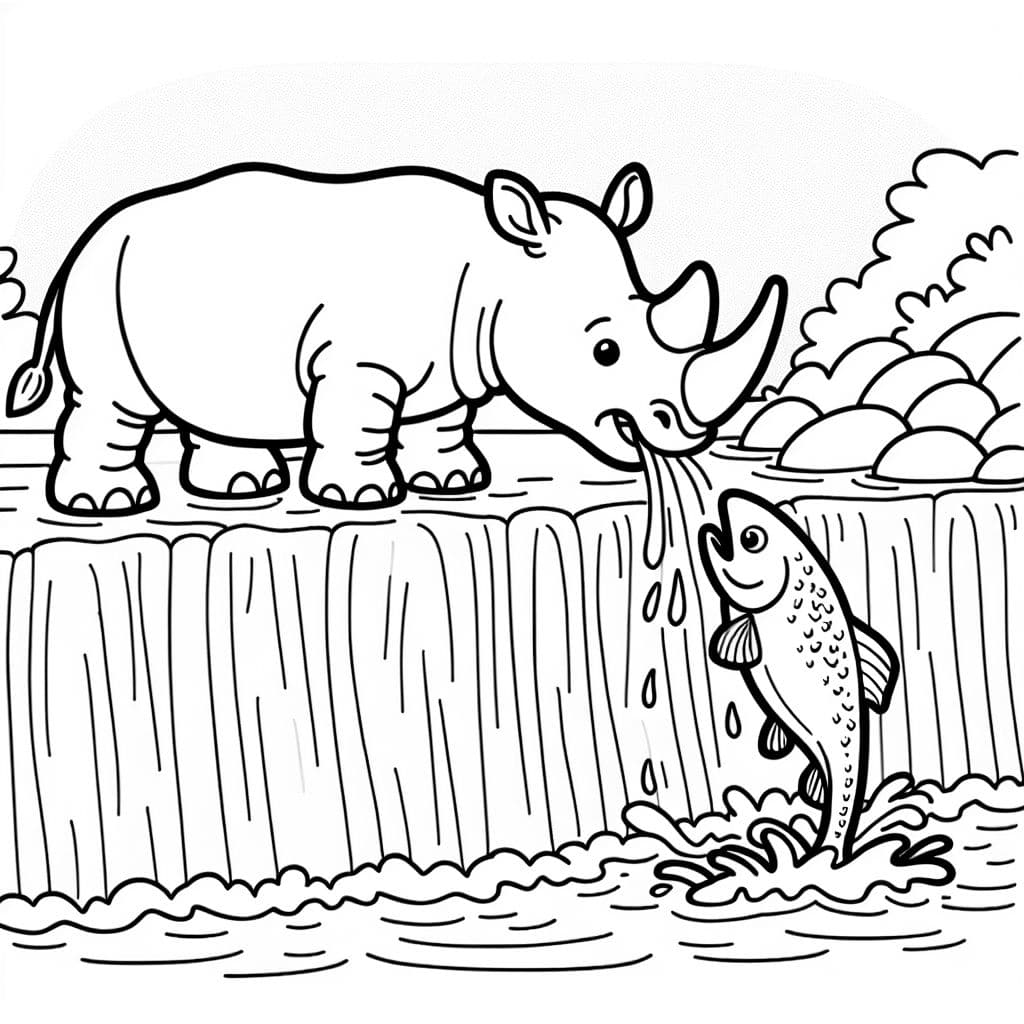 A rhino standing in the edge of a waterfall catching a jumping salmon in its mouth