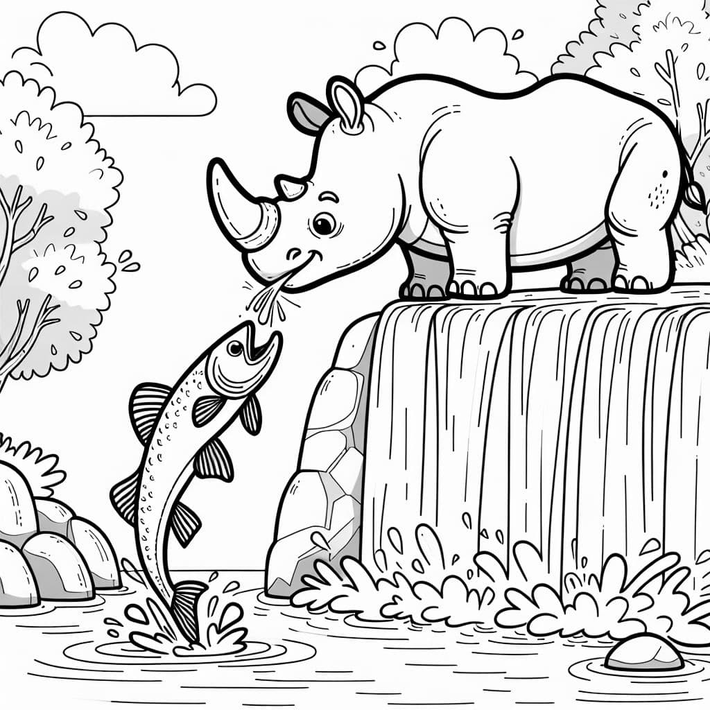 A rhino standing in the edge of a waterfall catching a jumping salmon in its mouth