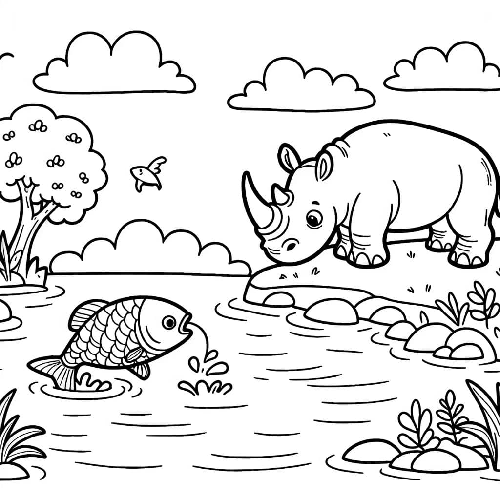 A rhino standing in a steam catching a fish jumping out of the water