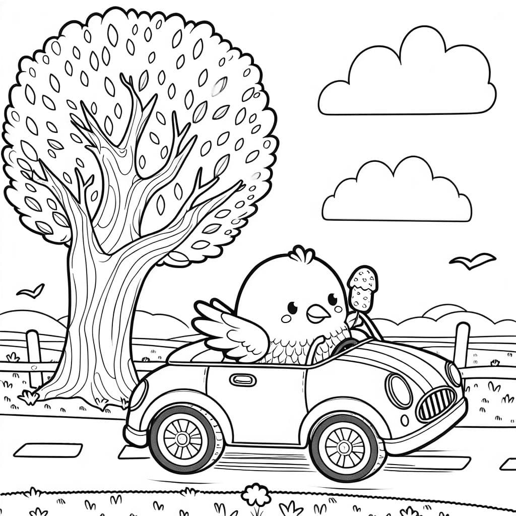 A tree bird driving a car while eating a sausage roll