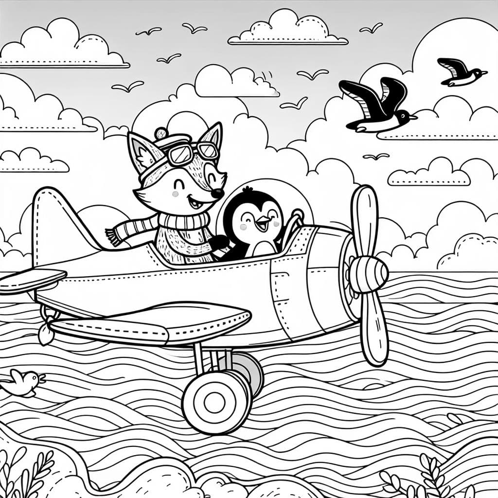 A fox flying a plane with penguin passengers over the ocean