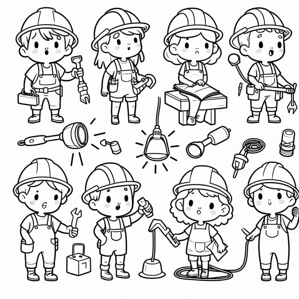 Niños y adolescentes con cascos trabajando en iluminación y electricidad.