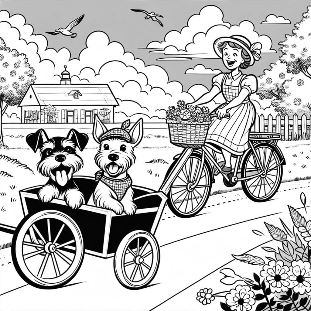 Ein Junge und sein Terrier sitzen im Fahrradanhänger. Vor ihnen fährt eine fröhliche Frau auf dem Fahrrad.