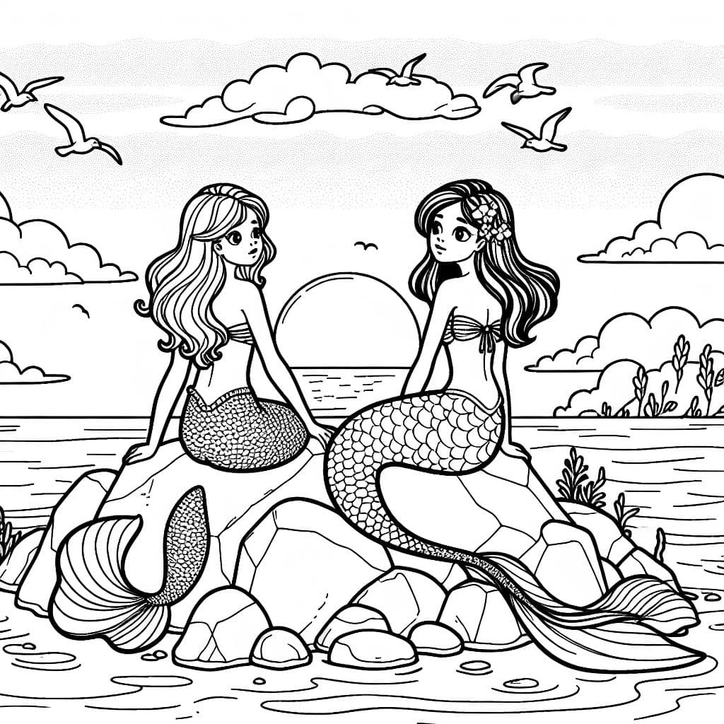 two mermaids sitting on rocks watching the sunset.