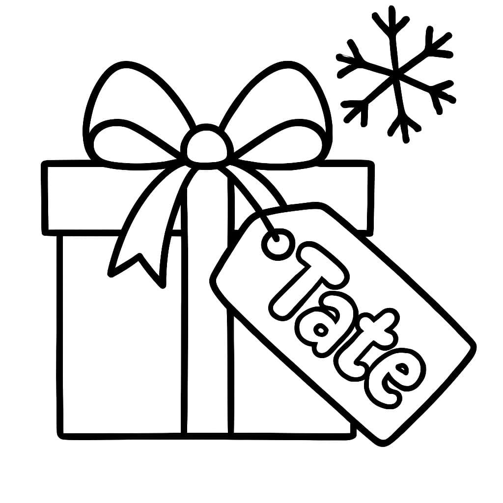 Tate en letras burbuja en una etiqueta de regalo de Navidad.