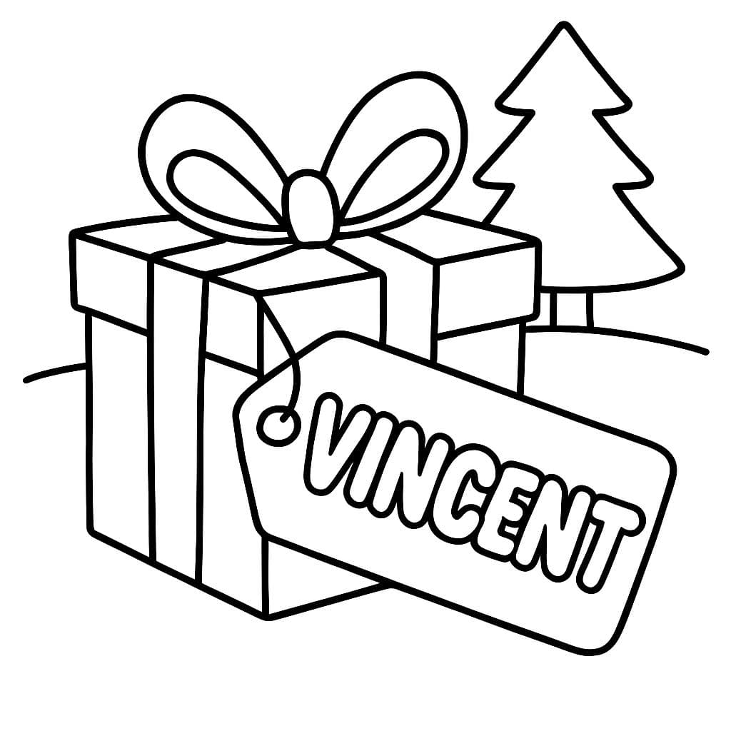 Vincent em letras em forma de bolha no etiqueta de um presente de Natal