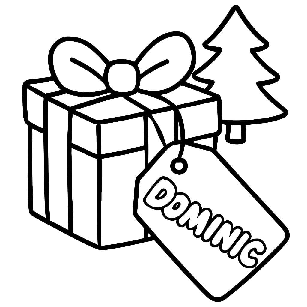 Dominic en letras burbuja en la etiqueta de un regalo de Navidad