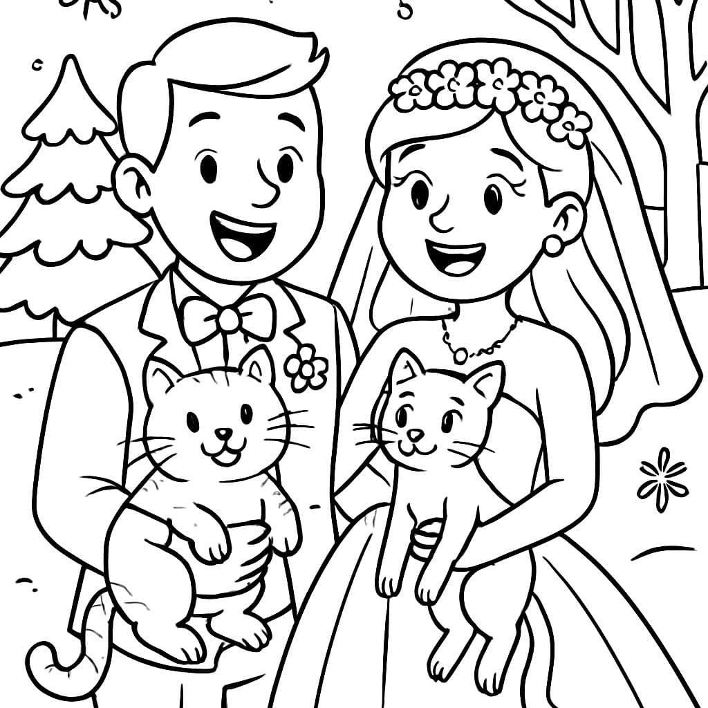 Un couple lors de leur mariage d'hiver tenant leurs deux chats.