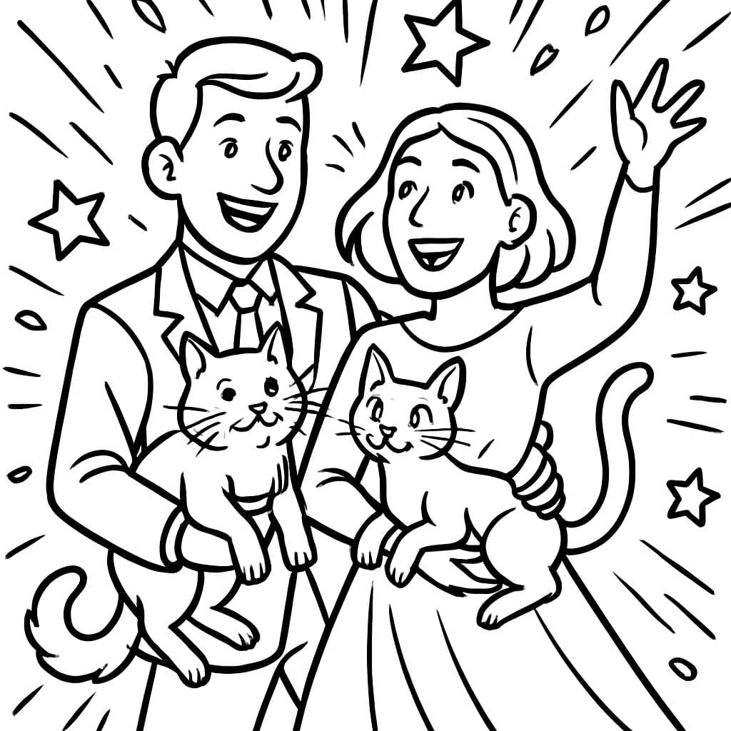 Um casal em seu casamento segurando seus gatos. Ambas as pessoas têm cabelo curto. Uma está vestindo um terno e a outra um vestido de manga longa sem véu.