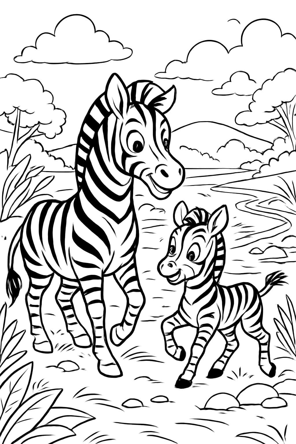 Una mamá cebra con un bebé cebra junto a un río