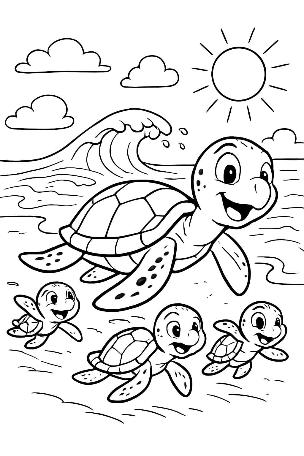 une maman tortue avec des bébés tortues qui vont à la mer