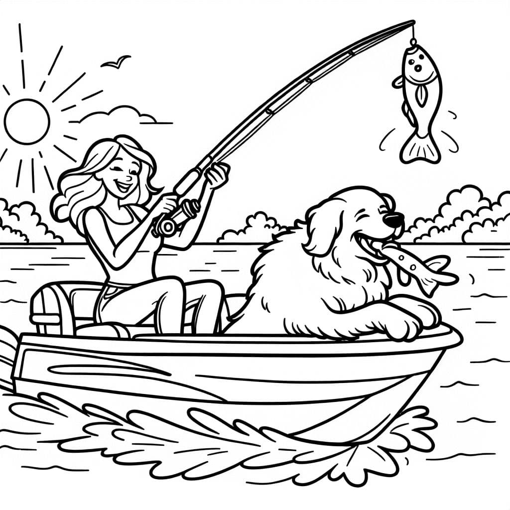 Eine Frau und ihr großer, flauschiger Golden Retriever auf einem Schnellboot beim Fischen am Fluss. Die Frau hat eine Angelrute in der Hand und der Golden Retriever hat einen Fisch im Maul. Ein heller, sonniger, warmer Tag draußen.