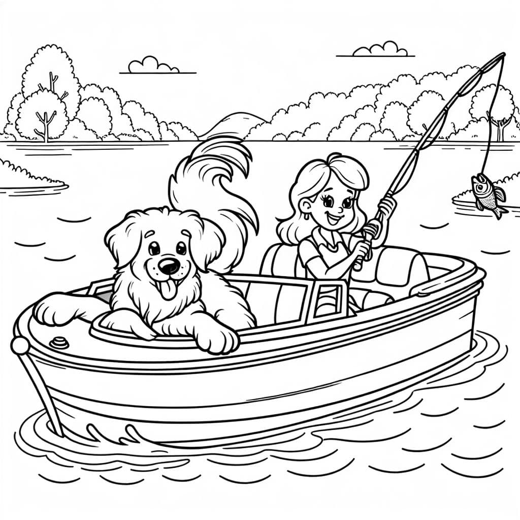 una mujer y su gran golden retriever esponjoso en un bote rápido pescando en el río. La mujer tiene una caña de pescar en la mano y el golden retriever tiene un pez en la boca. Es un día brillante, soleado y cálido afuera.