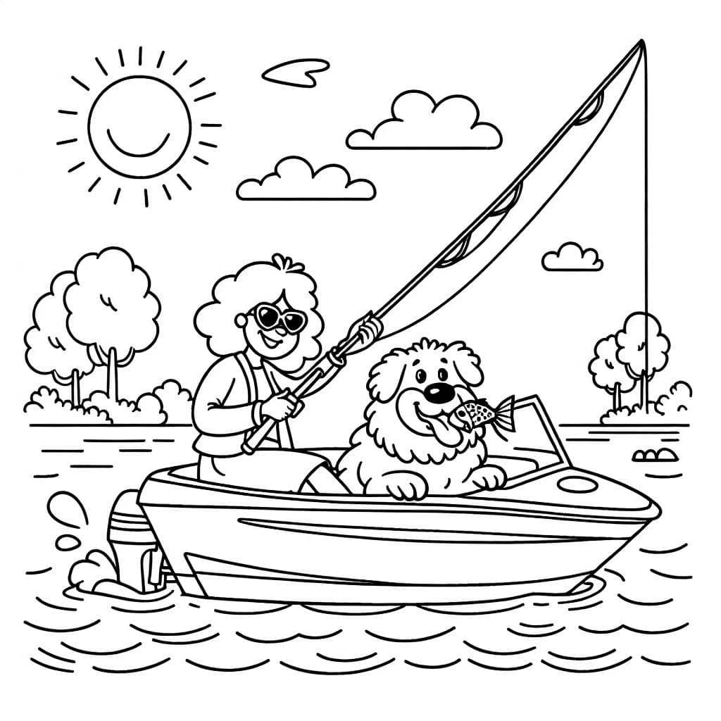 Una mujer y su gran golden retriever peludo en un bote rápido pescando en el río. La mujer tiene una caña de pescar en la mano y el golden retriever tiene un pez en la boca. Un día soleado y cálido afuera.