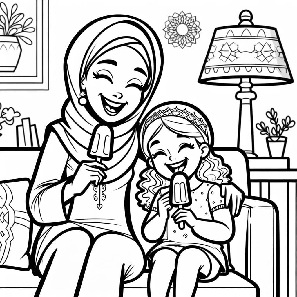 Mommy and daughter eating popsicles on the couch