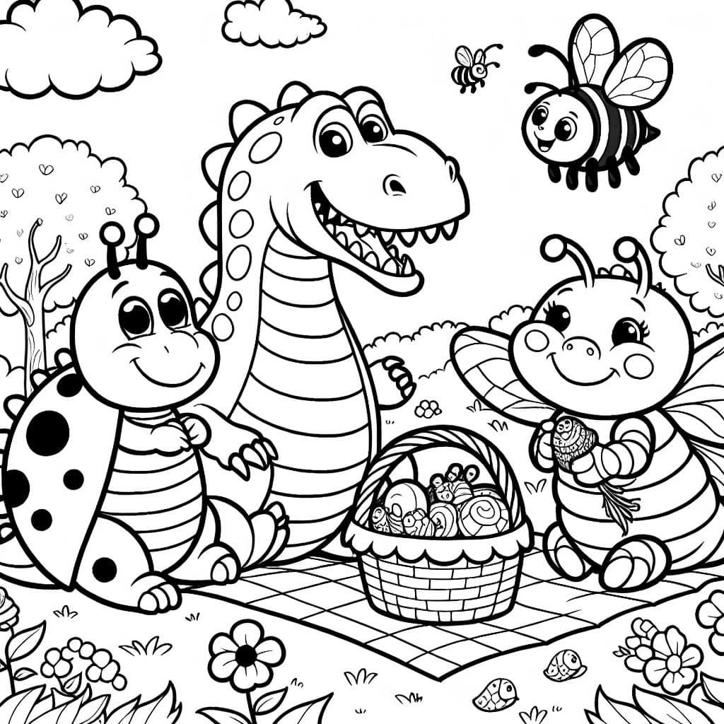 ein Marienkäfer ein dino eine biene und eine raupe machen zusammen ein Picknick