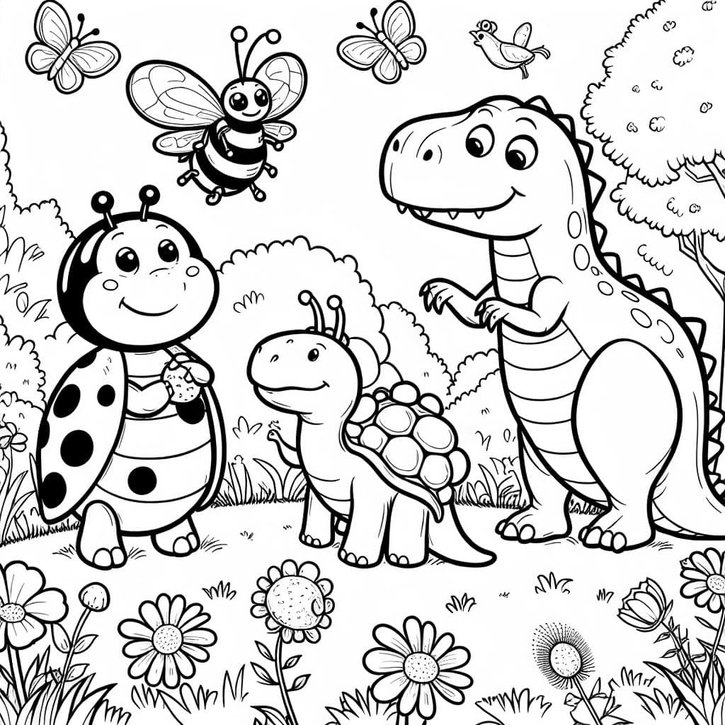 ein Marienkäfer ein dino eine biene und eine raupe spielen zusammen auf einer Wiese