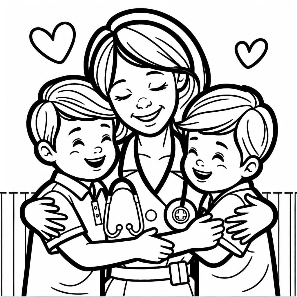 two boys who are 4 and 5 hugging their mom who is a nurse