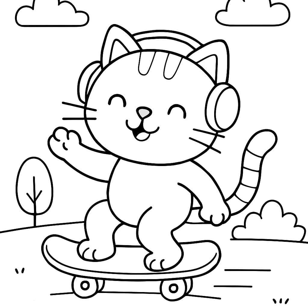 Una gato montando en patineta con auriculares