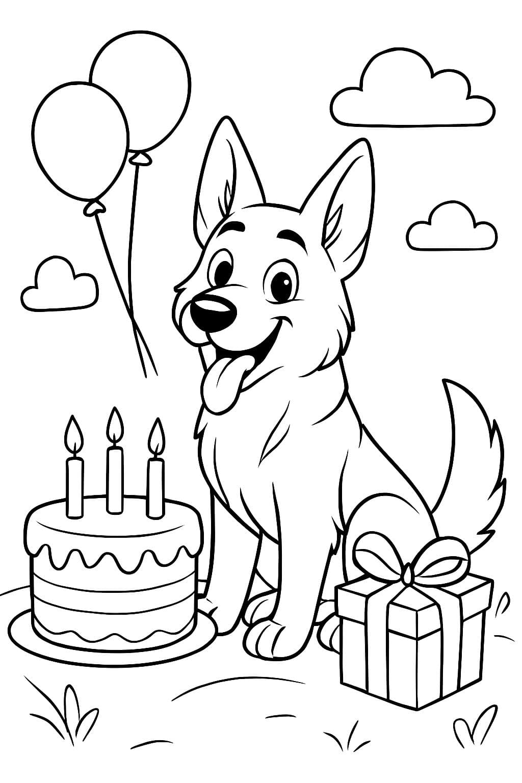 perro pastor sentado con pastel de cumpleaños, regalo y globos