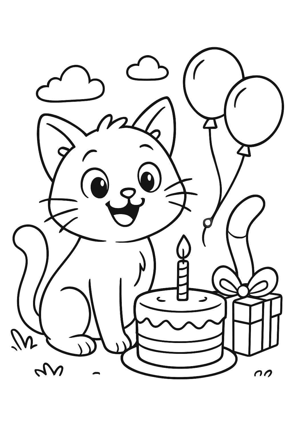 sitzende Katze mit Geburtstagstorte und Geschenk und Luftballonen