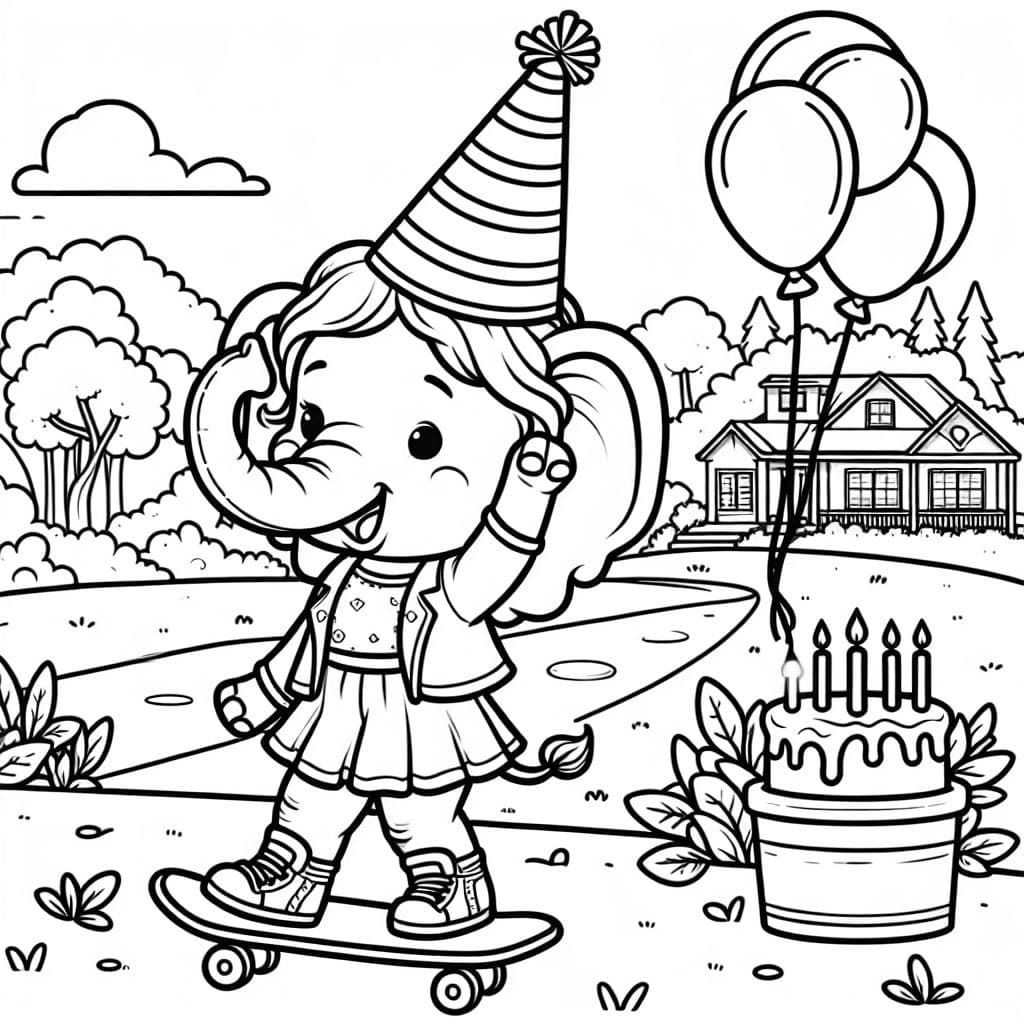 An elephant at her birthday party, skateboarding in her driveway