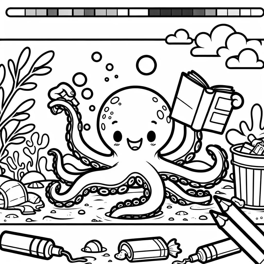 an octopus reading a book, drawing a picture, and picking up trash.