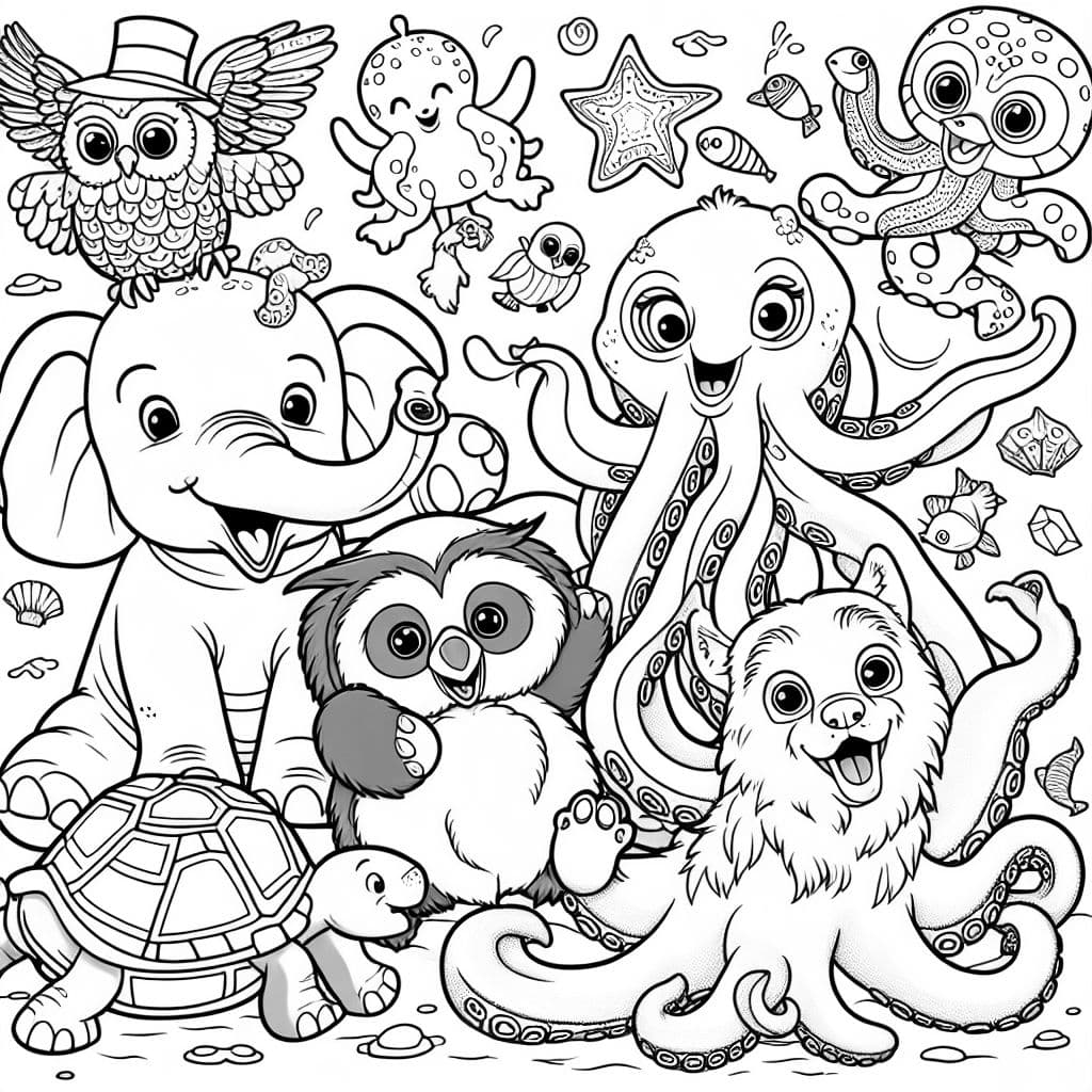 An elephant, an owl, a turtle, an octopus, a little bird, and a husky all at a big party together.
