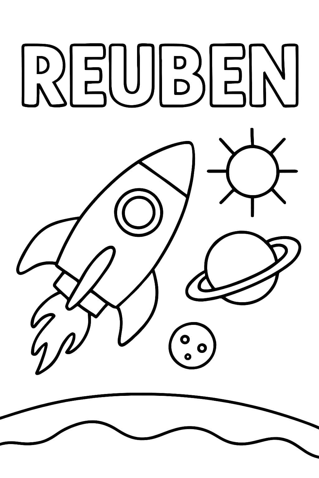 Der Name 'Reuben' mit einer Rakete und dem Sonnensystem