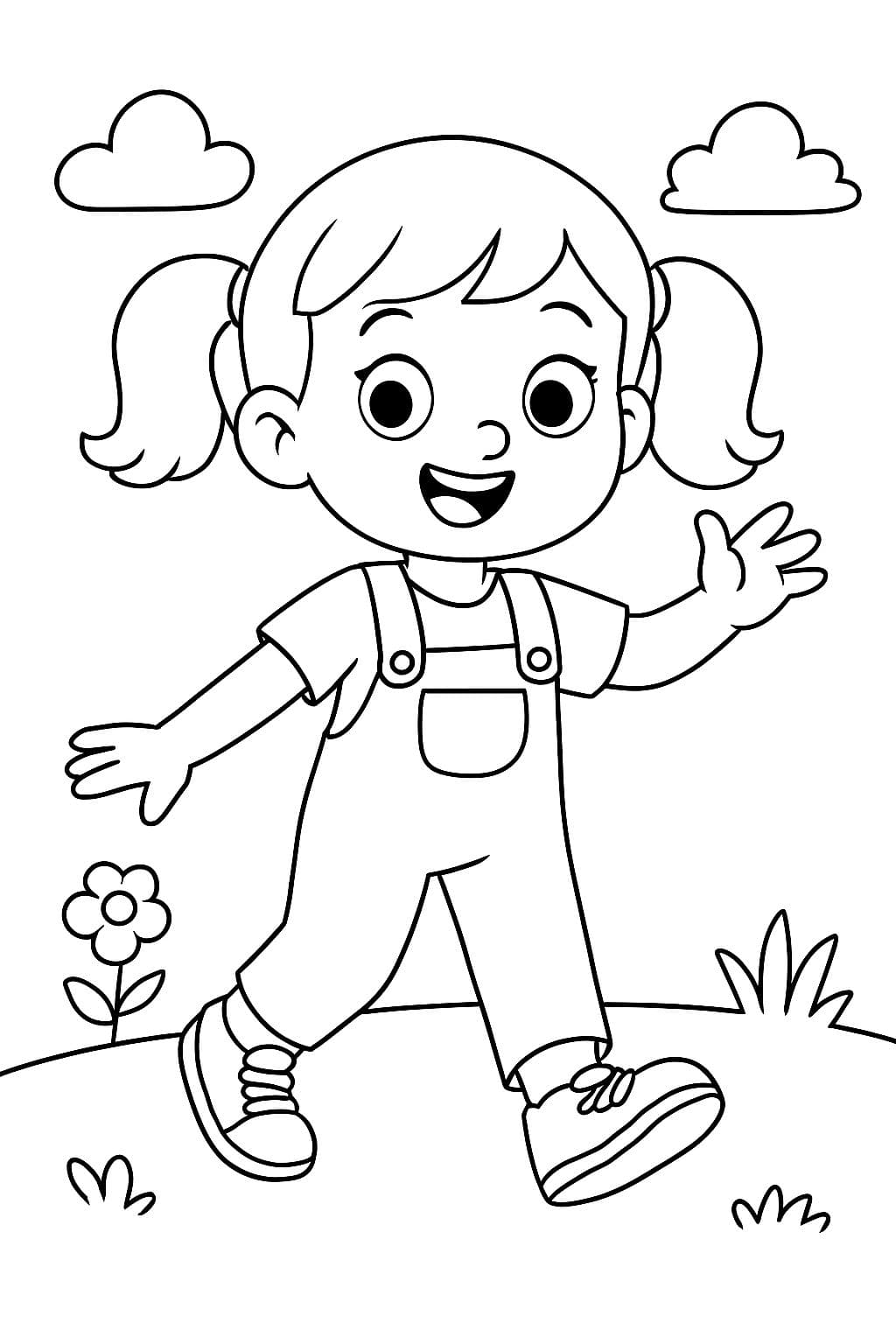 une petite fille portant un t-shirt, des salopettes et des baskets