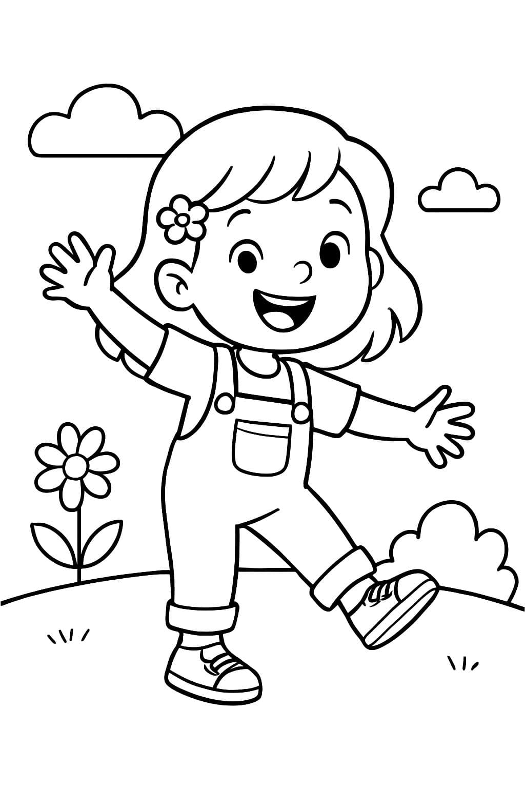 Une petite fille portant un t-shirt, une salopette et des baskets.
