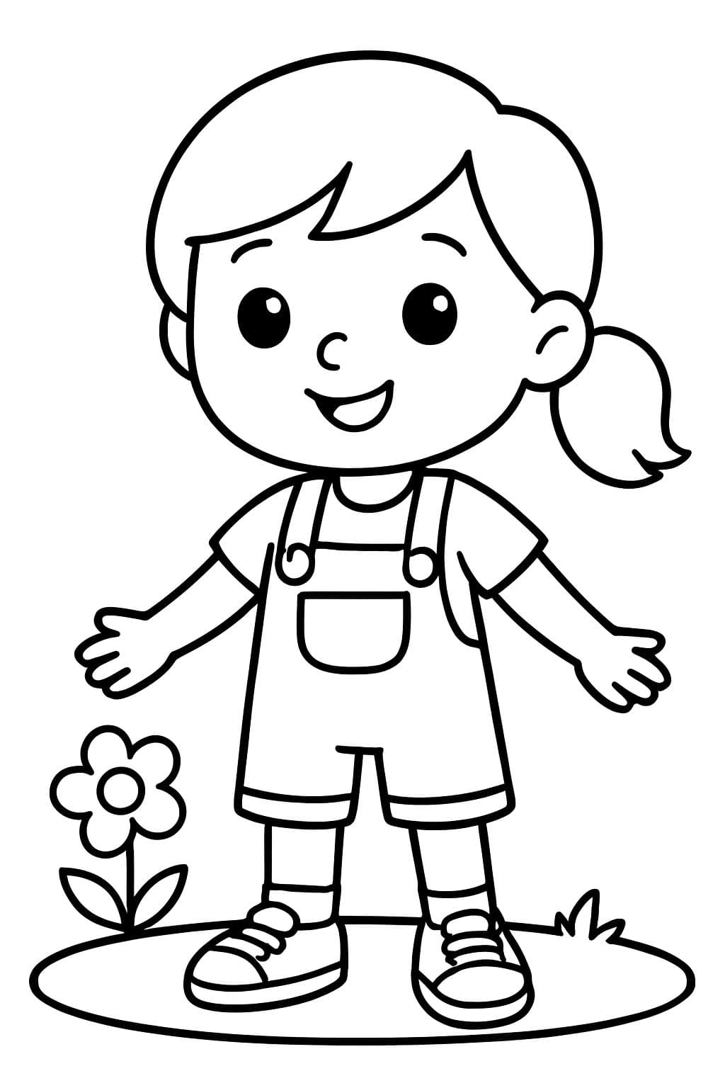 une petite fille portant un t-shirt, une salopette et des baskets